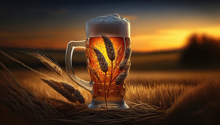 Mug of beer on the wheat field at sunset. 3d illustrationの素材