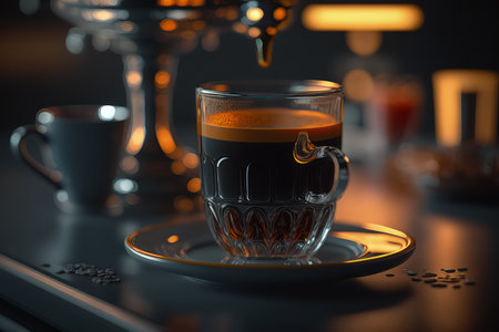 Coffee in a glass cup on a black background. 3d renderingの素材