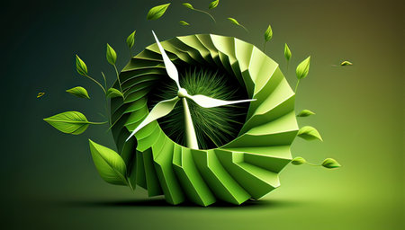 Abstract background with green leaves and wind turbine. 3d vector illustration.の素材