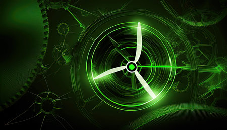 3d illustration of gear wheel with green light in dark background.の素材