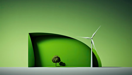 green energy concept. Wind turbines and trees on green background. 3D renderingの素材