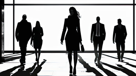 Silhouette of a group of business people in a modern officeの素材