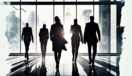 Silhouettes of business people walking in modern office. mixed mediaの素材