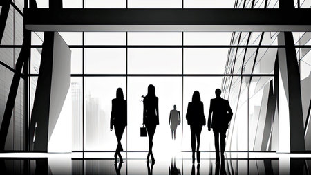 Silhouette of a group of business people walking in the officeの素材