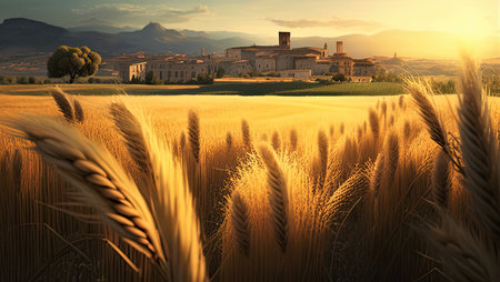Wheat field in Tuscany, Italy. 3d renderの素材