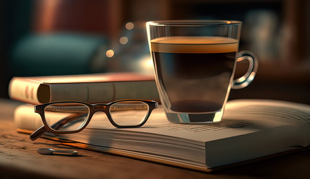 Cup of tea with book and glasses on wooden table. 3d renderの素材
