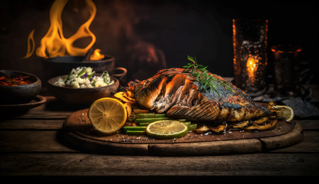 Grilled fish with lemon and salad on a wooden background. Toned.の素材