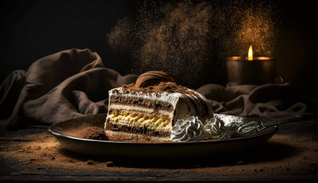 Classic tiramisu cake on dark background with copy space. Toned.の素材