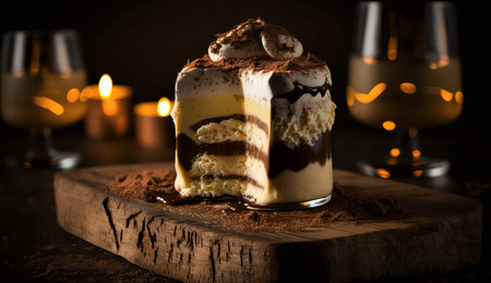 Tiramisu cake with chocolate and marshmallows on dark backgroundの素材