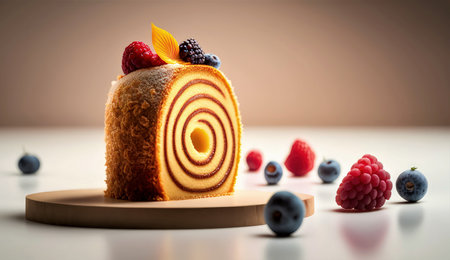 Raspberry roll cake with fresh berries on white table, selective focusの素材