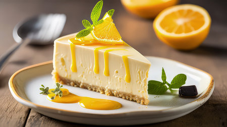 Lemon Cheesecake with Orange Slice and Mint Leaves.の素材