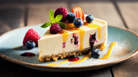 Piece of cheesecake with fresh berries and mint on wooden tableの素材