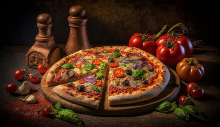 Pizza with pepperoni, olives and tomato on wooden tableの素材