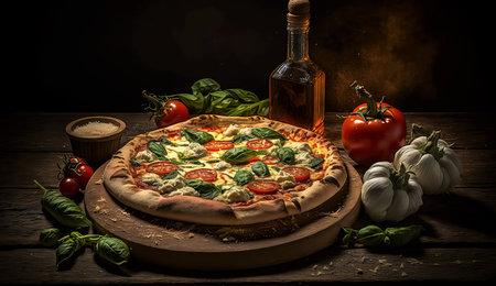 Pizza with mozzarella, tomatoes and basil on wooden backgroundの素材