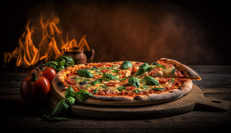 Pizza on a wooden board with fire on the background. Toned.の素材