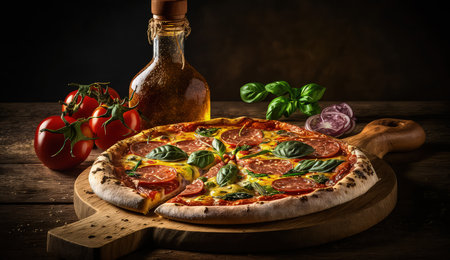 Pizza with salami, mozzarella and basil on wooden backgroundの素材