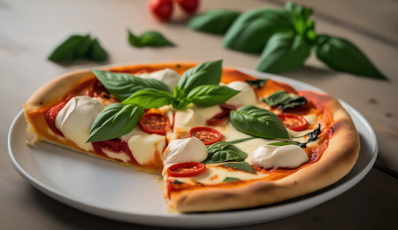 Pizza with mozzarella cheese, tomatoes and basil on wooden tableの素材