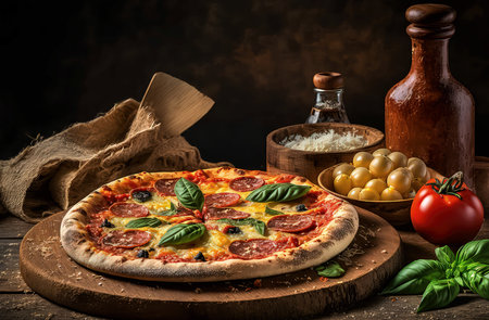 Pizza with salami, mozzarella and basil on wooden tableの素材