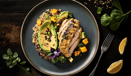 Healthy lunch bowl with quinoa, avocado and chicken breast on dark wooden backgroundの素材