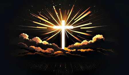 Cross of Jesus Christ with rays of light and clouds. vector illustration.の素材