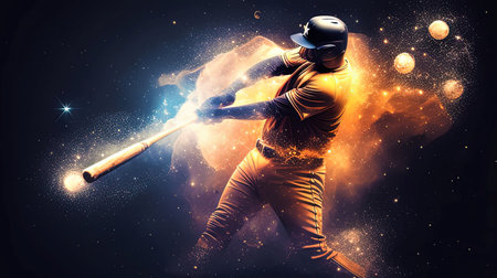 Baseball player with bat and ball in fire effect on dark backgroundの素材