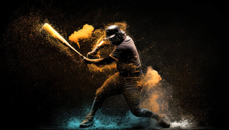 Baseball player in action on black background with colored powder. mixed mediaの素材