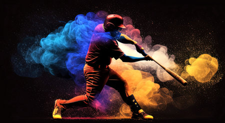 Baseball player in action with colorful smoke on background. sport conceptの素材