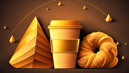 Coffee cup and golden pyramid on dark background. vector illustration.の素材
