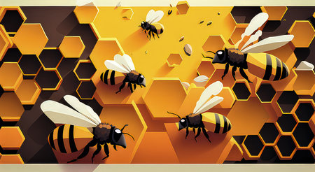 Honeycombs with bees and honeycombs. Vector illustration.の素材