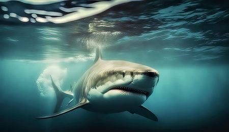 Great white shark in deep blue ocean. 3d render illustration.の素材