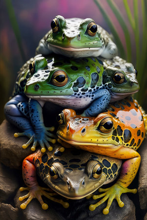 Frog family on a rock in the rainforest of Thailand.の素材
