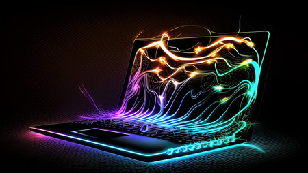 Laptop computer with glowing screen on dark background. vector illustration.の素材