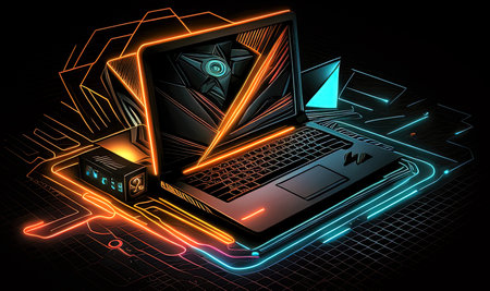 Laptop with neon lights in the background, 3d illustration.の素材