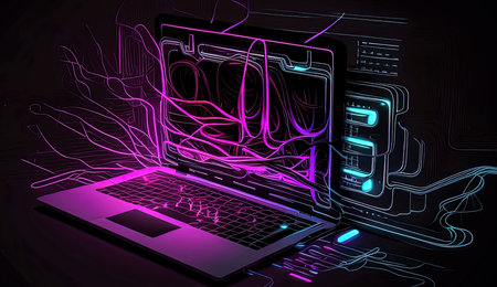 Illustration of a laptop with glowing neon lights on a dark backgroundの素材