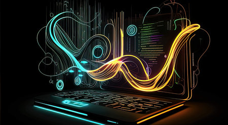 Laptop with glowing abstract lines on black background. 3d renderingの素材