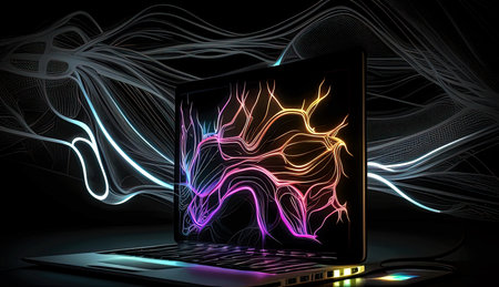 Laptop screen with abstract glowing lines on dark background. 3D renderingの素材
