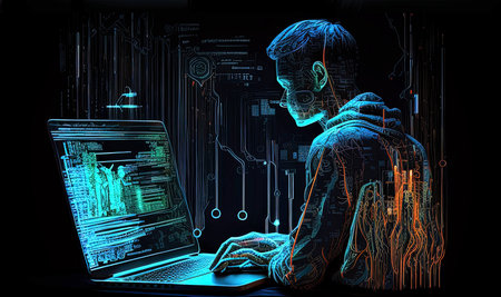 Conceptual image of young hacker stealing information from laptop. 3D renderingの素材
