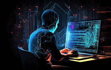 Hacker in front of laptop with glowing circuit interface on dark backgroundの素材