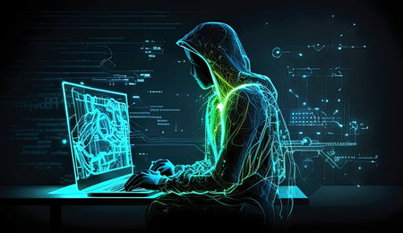 Digital illustration of hacker using laptop in dark background. hacking conceptの素材