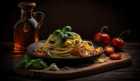 Spaghetti with basil and cherry tomatoes on wooden table. italian foodの素材