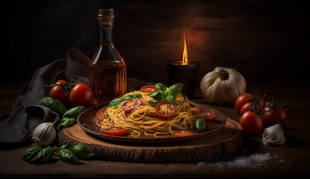 Spaghetti with tomato sauce, basil and garlic on a wooden backgroundの素材