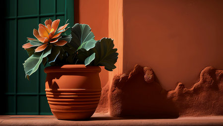 Flowerpot on the background of an orange wall, 3d renderingの素材