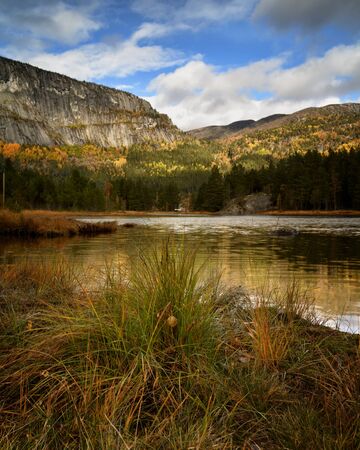 The landscape with fall colours, at the reststop Honnevje in Valle Setesdalen, Norway の写真素材