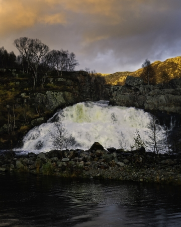 A waterfall at Stavtjørn, Rogaland, Norway.の写真素材