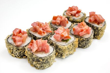 Japanese seafood sushi , roll on a white background, isolatedの写真素材