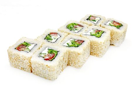 Japanese seafood sushi , roll on a white background, isolatedの写真素材