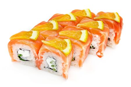 Japanese seafood sushi , roll on a white background, isolatedの写真素材