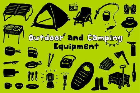 Cute camping and outdoor equipment icon set by handのイラスト素材