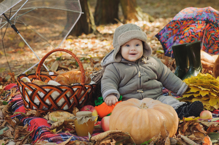 Smiling baby is sitting in park at autumn. Happy baby, autumn.の写真素材