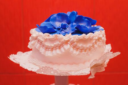 Beautiful and natural wedding cake with blue flowers. Four level cake on the red background. horizontalの写真素材